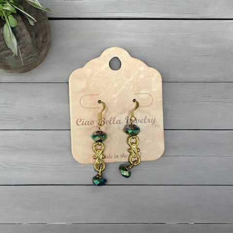 Handcrafted Gold-Tone Swirl Dangle Earrings with Green Crystal Beads – Elegant Jewelry | Made in USA Michelle Marie Boutique  Earrings