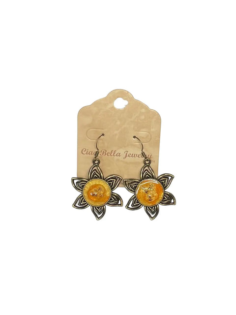 Handcrafted Golden Sunflower Dangle Earrings with Glitter Resin Accents – Summer Jewelry | Made in USA Michelle Marie Boutique  Necklace and Earring Set