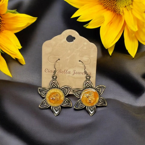 Handcrafted Golden Sunflower Dangle Earrings with Glitter Resin Accents – Summer Jewelry | Made in USA Michelle Marie Boutique  Necklace and Earring Set