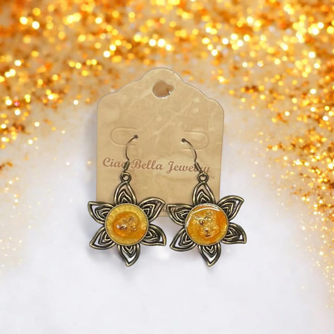 Handcrafted Golden Sunflower Dangle Earrings with Glitter Resin Accents – Summer Jewelry | Made in USA Michelle Marie Boutique  Necklace and Earring Set