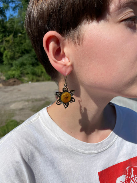 Handcrafted Golden Sunflower Dangle Earrings with Glitter Resin Accents – Summer Jewelry | Made in USA Michelle Marie Boutique  Necklace and Earring Set