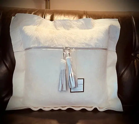 Handcrafted Hair on Hide Tassel Wool Pillow – Down Insert – California Style Suede Kloth 