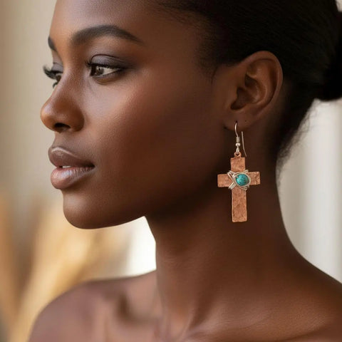 Handcrafted Hammered Copper Cross Earrings With 4mm Turquoise Beads – Made in USA Alexa Martha Designs  Earrings