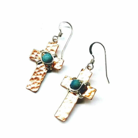Handcrafted Hammered Copper Cross Earrings With 4mm Turquoise Beads – Made in USA Alexa Martha Designs  Earrings