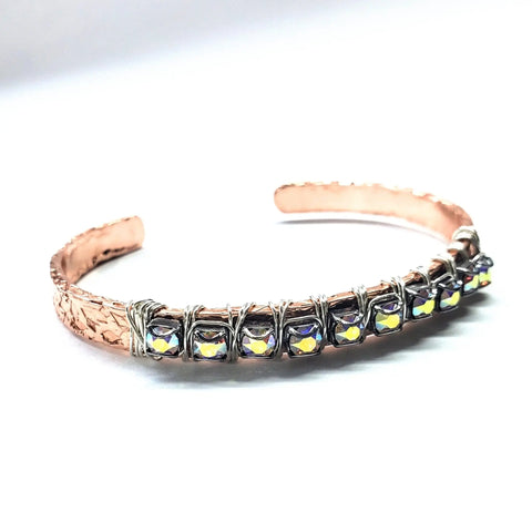 The Set of Glamorously Wrapped Hammered Rhinestone Crystal Bling Bangles by Alexa Martha Designs showcases sparkling rhinestone crystals on hammered bangles, elegantly displayed on a white background.