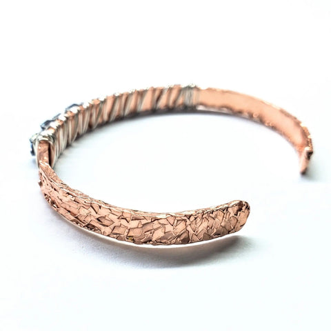 Set of Glamorously Wrapped Hammered Rhinestone Crystal Bling Bangles by Alexa Martha Designs, featuring a textured, open-ended copper design with a hammered finish, displayed on a white background.