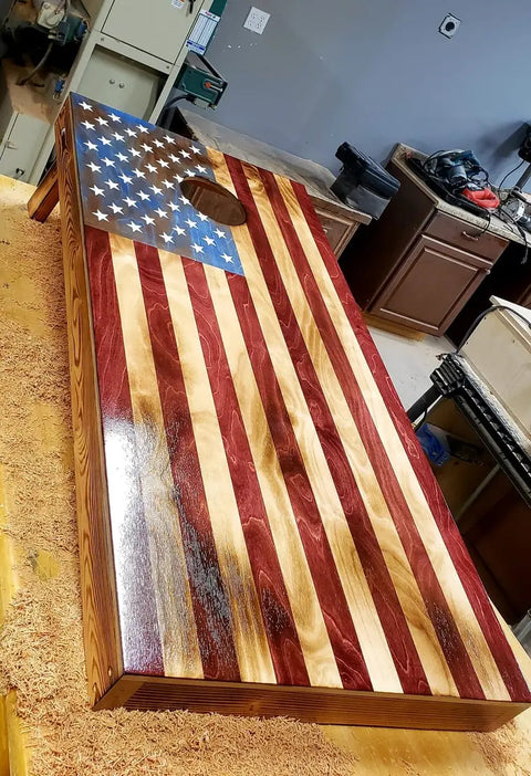 Handcrafted Hand Charred American Flag Cornhole Boards Set – Rustic Outdoor Lawn Game | Made in USA American Grains LLC 