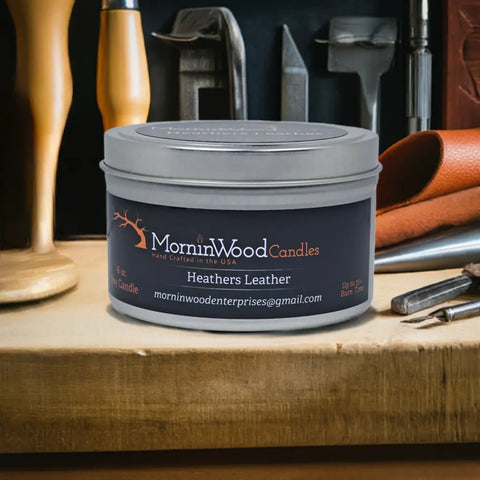 Handcrafted Heathers Leather Scented Soy Tin Candle 6.5oz – Long-Lasting 35 Hour Burn | Made in USA MorninWood Candles  Candles