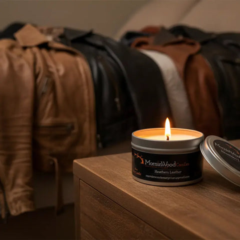 Handcrafted Heathers Leather Scented Soy Tin Candle 6.5oz – Long-Lasting 35 Hour Burn | Made in USA MorninWood Candles  Candles