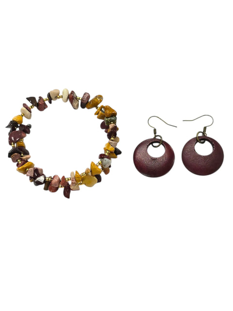 Handcrafted Jasper And Mookaite Gemstone Wrap Bracelet With Geometric Earrings – Boho Jewelry Set | Made In USA Michelle Marie Boutique  Bracelet Set