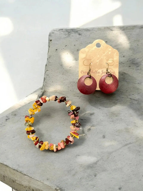 Handcrafted Jasper And Mookaite Gemstone Wrap Bracelet With Geometric Earrings – Boho Jewelry Set | Made In USA Michelle Marie Boutique  Bracelet Set