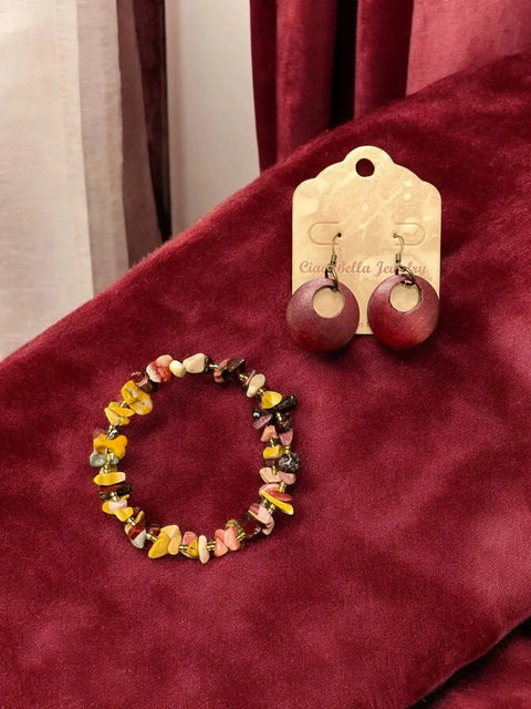 Handcrafted Jasper And Mookaite Gemstone Wrap Bracelet With Geometric Earrings – Boho Jewelry Set | Made In USA Michelle Marie Boutique  Bracelet Set