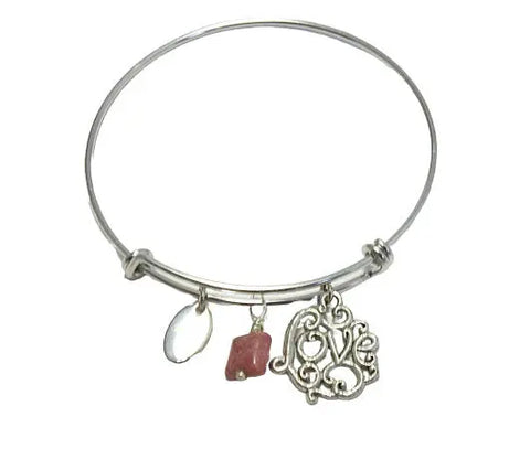 Handcrafted Leather And Silver Love Charm Bracelet With Pink Rhodonite Gemstone – Adjustable 6.75-8 Inch | Made In USA Michelle Marie Boutique  Bracelet