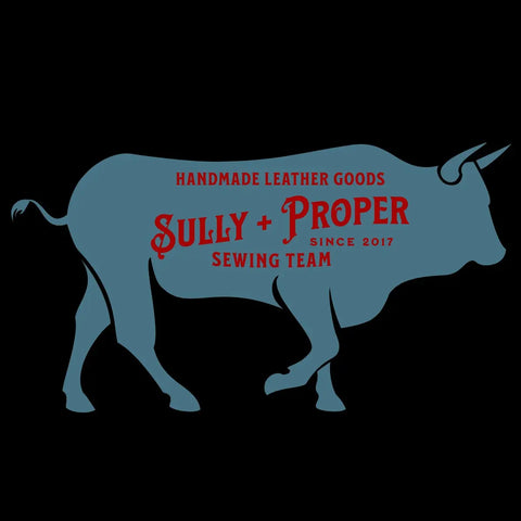 A blue bull silhouette on black with red text: Sully + Proper Supply, Handmade Leather Goods, Since 2017, Sewing Team. Ideal for Coasters: Customizable, Personalizable. Perfect for logo and personalized leather coasters.