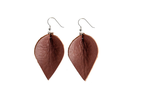 The Everyday Earrings by Urban Southern are brown, leaf-shaped lightweight leather earrings with bronze-plated hooks, shown on a white background—ideal for daily wear.