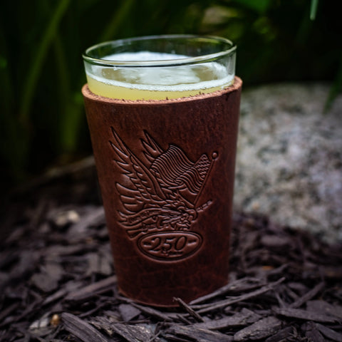 Handcrafted Leather Pint Glass Sleeve – Patriotic 250 Year Anniversary Drinkware | Made in USA All American Maker 