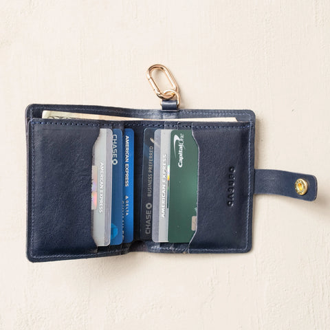 Handcrafted Marine Blue Full Grain Leather Wallet 4¼ x 3½ Inch – Snap Closure with Key Ring | Made in USA CASUPO  Small Bifold