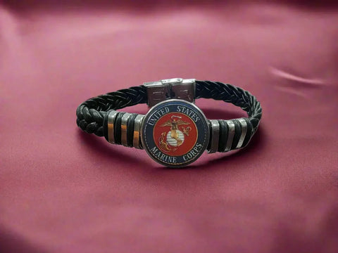 Handcrafted Marine Corps Black Braided Leather Bracelet – Stainless Steel Accents | Officially Licensed Made in USA Michelle Marie Boutique  Bracelets