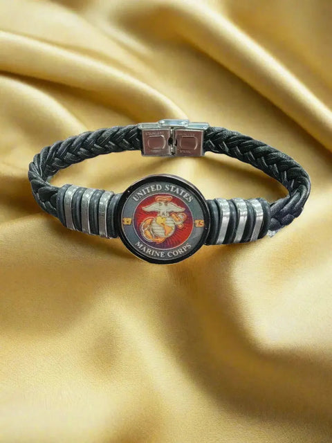 Handcrafted Marine Corps Black Braided Leather Bracelet – Stainless Steel Accents | Officially Licensed Made in USA Michelle Marie Boutique  Bracelets