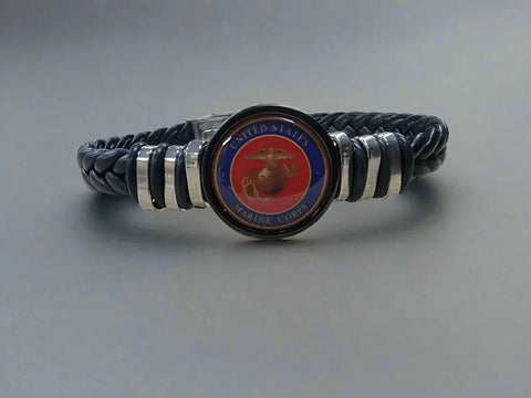 Handcrafted Marine Corps Black Braided Leather Bracelet – Stainless Steel Accents | Officially Licensed Made in USA Michelle Marie Boutique  Bracelets