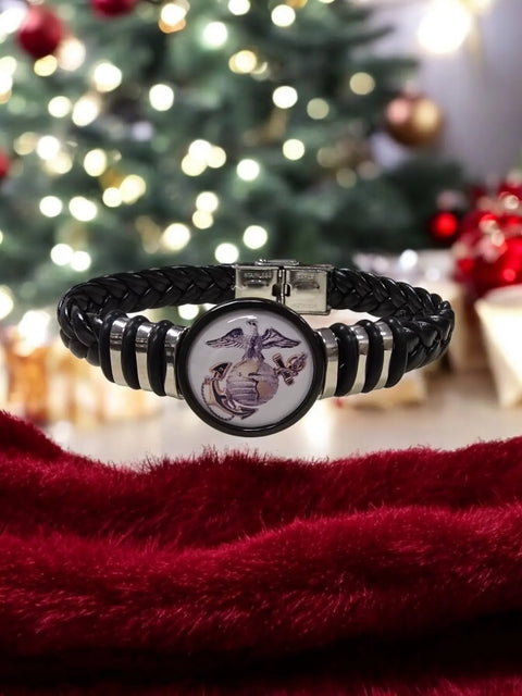 Handcrafted Marine Corps Black Braided Leather Bracelet – Stainless Steel Accents | Officially Licensed Made in USA Michelle Marie Boutique  Bracelets