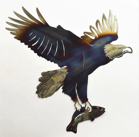 Handcrafted Metal Eagle Wall Art With Fish – Hand-Colored USA Made Outdoor Decor Plaque Knights Home Decor  item
