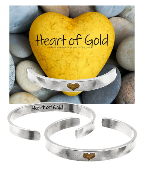Handcrafted Narrow Heart of Gold Pewter Cuff Bracelet – Recycled Material Jewelry | Made in USA Whitney Howard Designs  Hearts of Gold Bracelets