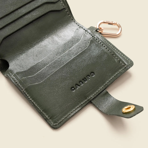 Handcrafted Olive Green Leather Wallet With Snap Closure and Key Ring – 4.25x3.5 Inch Minimalist Design | Made in USA CASUPO  Small Bifold