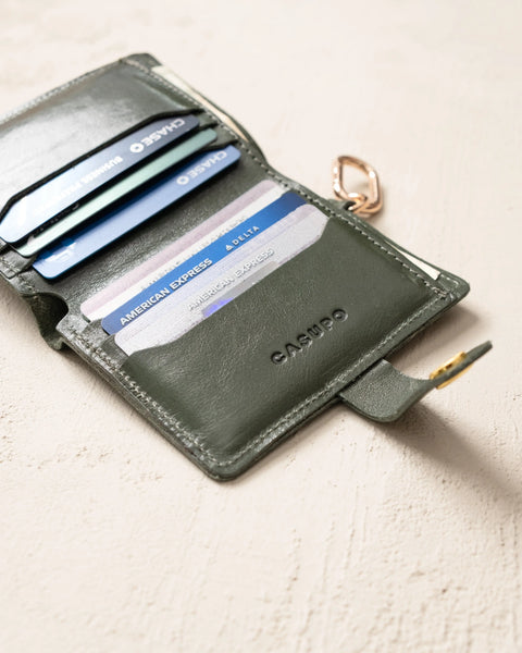 Handcrafted Olive Green Leather Wallet With Snap Closure and Key Ring – 4.25x3.5 Inch Minimalist Design | Made in USA CASUPO  Small Bifold