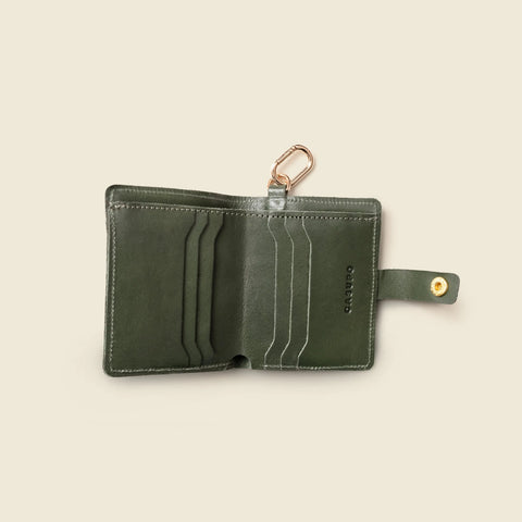 Handcrafted Olive Green Leather Wallet With Snap Closure and Key Ring – 4.25x3.5 Inch Minimalist Design | Made in USA CASUPO  Small Bifold