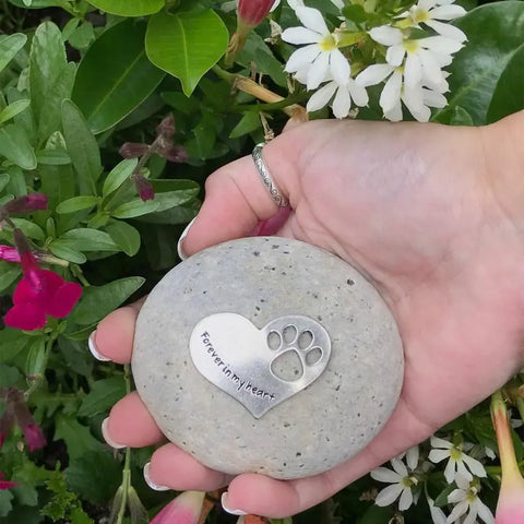 Handcrafted Pet Memorial Stone – Natural River Rock with Pewter Heart Paw Print | Made in USA Comfort Gift Whitney Howard Designs  Pet Memorial Gifts