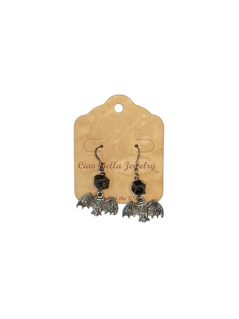 Handcrafted Pewter Bat Dangle Earrings with Black Gemstone Bead – Lightweight Drop Jewelry | Made in USA Michelle Marie Boutique  Earrings