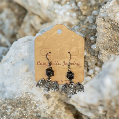 Handcrafted Pewter Bat Dangle Earrings with Black Gemstone Bead – Lightweight Drop Jewelry | Made in USA Michelle Marie Boutique  Earrings