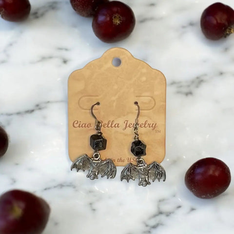Handcrafted Pewter Bat Dangle Earrings with Black Gemstone Bead – Lightweight Drop Jewelry | Made in USA Michelle Marie Boutique  Earrings