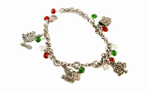 Handcrafted Pewter Charm Christmas Bracelet 7 to 8 Inch Adjustable Festive Red Green Accents – Michelle Marie Boutique | Made in USA Michelle Marie Boutique  Bracelet