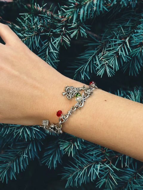 Handcrafted Pewter Charm Christmas Bracelet 7 to 8 Inch Adjustable Festive Red Green Accents – Michelle Marie Boutique | Made in USA Michelle Marie Boutique  Bracelet