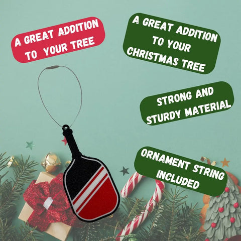 Add the Chatelet Manufacturing Pickleball Paddle Christmas Ornament—made in the USA—to your tree! This sturdy black and red ornament includes a hanging string, making it a perfect holiday gift for pickleball fans.