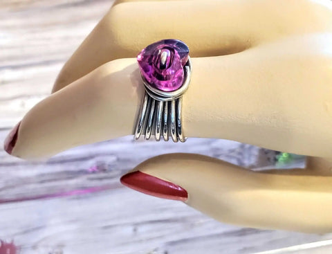 Handcrafted Pink Crystal Heart Wire Wrapped Multi-Band Sterling Silver Ring – Made in USA Alexa Martha Designs  Ring