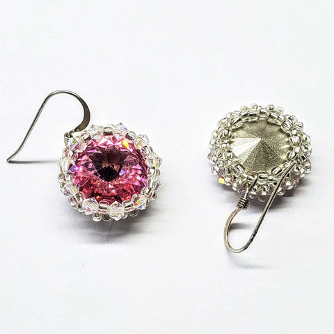 Handcrafted Pink Swarovski Crystal Earrings – 14mm Rivoli Beaded Halo | Made in USA Alexa Martha Designs  Earrings
