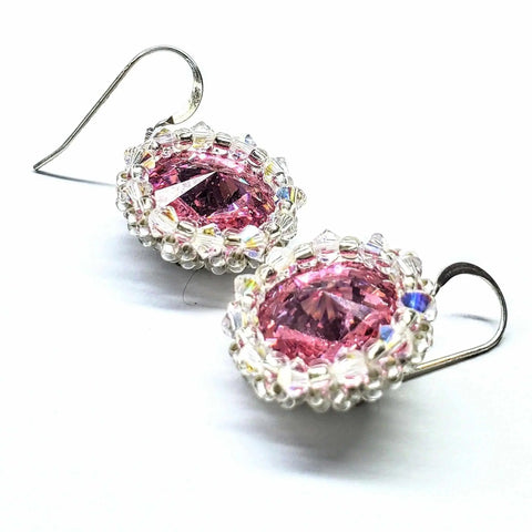 Handcrafted Pink Swarovski Crystal Earrings – 14mm Rivoli Beaded Halo | Made in USA Alexa Martha Designs  Earrings