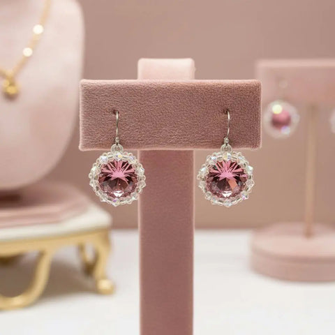 Handcrafted Pink Swarovski Crystal Earrings – 14mm Rivoli Beaded Halo | Made in USA Alexa Martha Designs  Earrings