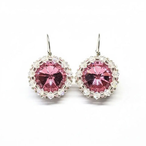 Handcrafted Pink Swarovski Crystal Earrings – 14mm Rivoli Beaded Halo | Made in USA Alexa Martha Designs  Earrings