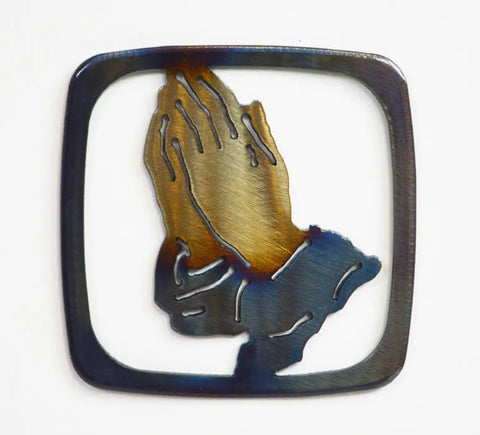 Handcrafted Praying Hands Metal Coaster – Unique Heat-Treated Finish | Made in USA Faith Decor Knights Home Decor  item