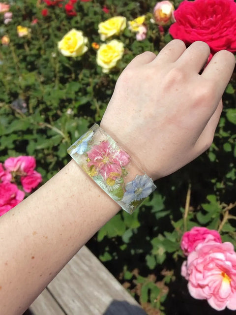 Handcrafted Pressed Flower Resin Cuff Bracelet – Colorful Floral Design – Lightweight Resin Jewelry | Made in USA Michelle Marie Boutique  Bracelets