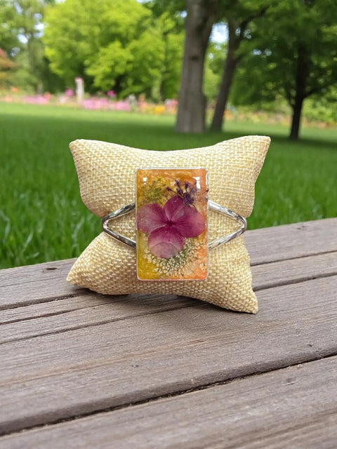 Handcrafted Pressed Flower Resin Cuff Bracelet – Pink Purple Floral Design – Lightweight Nature Jewelry | Made in USA Michelle Marie Boutique  Bracelets