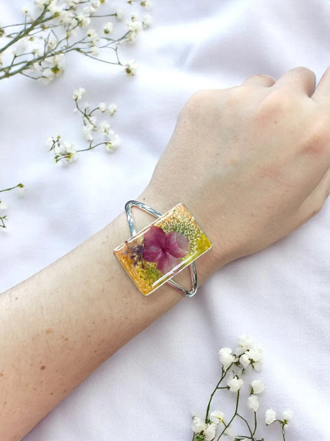Handcrafted Pressed Flower Resin Cuff Bracelet – Pink Purple Floral Design – Lightweight Nature Jewelry | Made in USA Michelle Marie Boutique  Bracelets