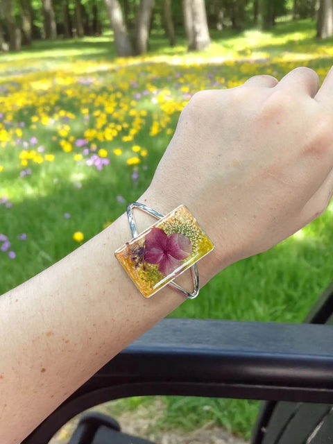 Handcrafted Pressed Flower Resin Cuff Bracelet – Pink Purple Floral Design – Lightweight Nature Jewelry | Made in USA Michelle Marie Boutique  Bracelets