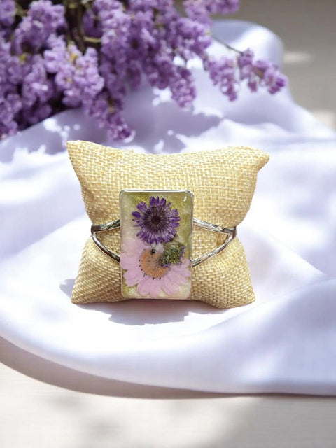 Handcrafted Pressed Flower Resin Cuff Bracelet – Pink Purple Floral Design – Lightweight Nature Jewelry | Made in USA Michelle Marie Boutique  Bracelets
