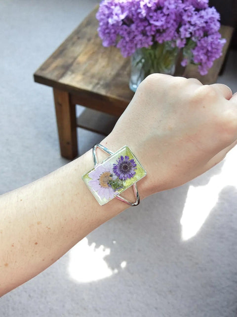Handcrafted Pressed Flower Resin Cuff Bracelet – Pink Purple Floral Design – Lightweight Nature Jewelry | Made in USA Michelle Marie Boutique  Bracelets