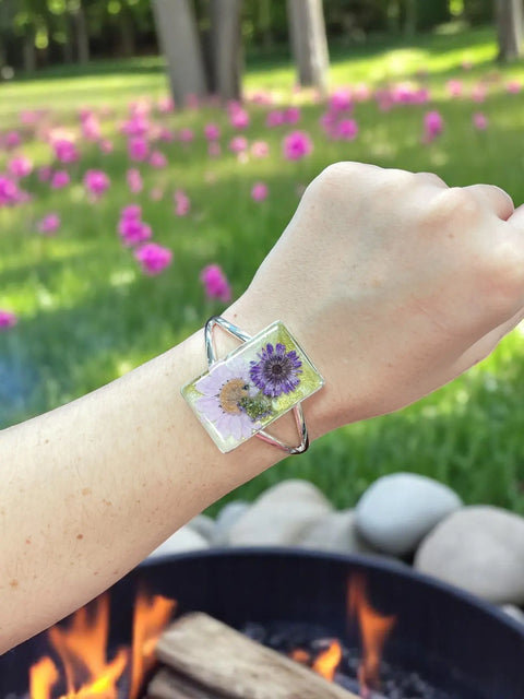 Handcrafted Pressed Flower Resin Cuff Bracelet – Pink Purple Floral Design – Lightweight Nature Jewelry | Made in USA Michelle Marie Boutique  Bracelets